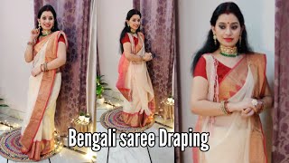 Traditional Bengali Saree Draping Tutorial for Durga Puja  Drape in 5 minutes [upl. by Wilburn]