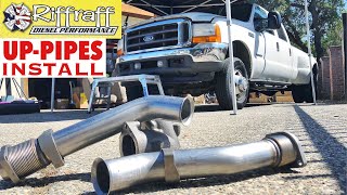 2001 F350 73  RiffRaff UpPipes Install  Stock up pipes leaking and falling apart JUNK SP [upl. by Yragerg]